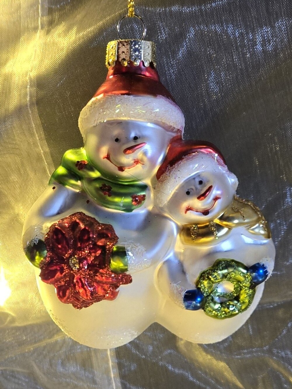 Glass Snowman Couple Ornament - White with Red & Green Accents